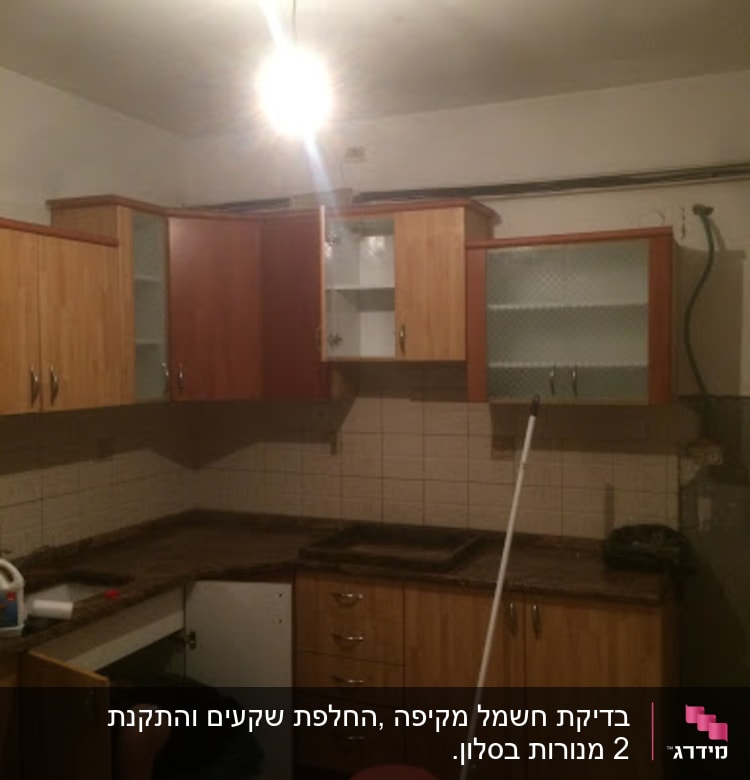 מטבח עם ארון פתוח, אדם עובד על חיווט חשמלי